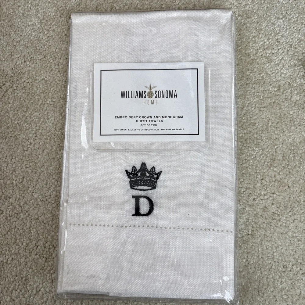 Williams Sonoma Home 100% LINEN Guest Towels Personalized D Initial‎ Embroidered